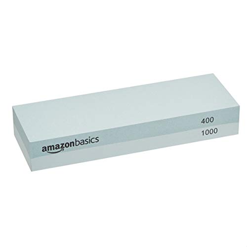Amazon Basics Whetstone Knife Sharpening Stone Set, Double-sided 400/1000 and 3000/8000 Grit Stones, Flattening Stone with Angle Guide, Non-Slip Bamboo Base, 3 Count, Black & Grey view 2