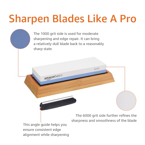 Amazon Basics Whetstone Knife Sharpening Wet Stone Dual Sided 1000/6000 Grit with Non-Slip 1 Pc, Bamboo Base, Black & Grey