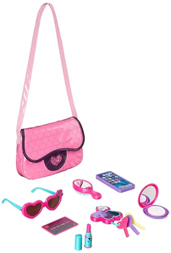 Amazon Basics 8-Piece Pretend Play Purse Toy with Accessories for Girls Ages 3 and Up, Handbag Gift Set Including Smartphone, Sunglasses, Makeup Compact, Keys and Credit Card, Pink