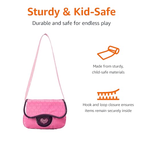 Amazon Basics 8-Piece Pretend Play Purse Toy with Accessories for Girls Ages 3 and Up, Handbag Gift Set Including Smartphone, Sunglasses, Makeup Compact, Keys and Credit Card, Pink