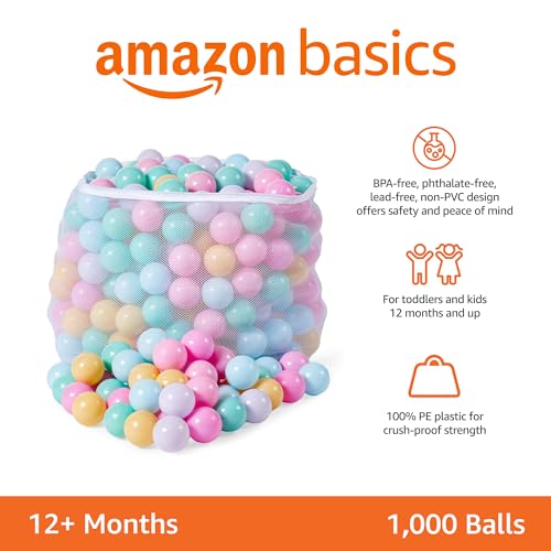 Amazon Basics BPA Free Crush Proof Plastic Ball, Pit Balls with Storage Bag, Toddlers Kids 12+ Months, 1000 Count, 1000 Balls, 6 Pastel Colors