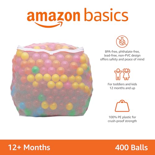 Amazon Basics BPA Free Crush-Proof Plastic Ball, Pit Balls with Storage Bag, Toddlers Kids 12+ Months, Pack of 400 Balls, 6 Bright Colors
