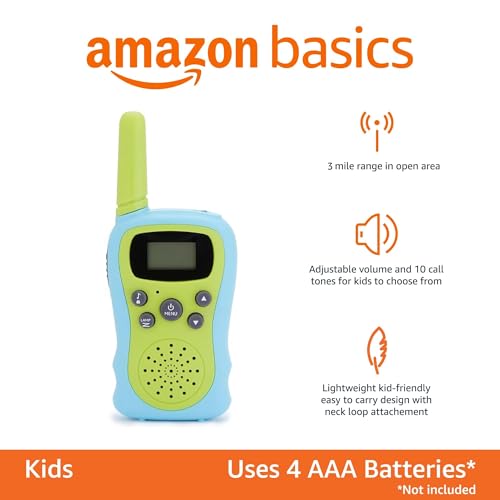 Amazon Basics Kids Walkie Talkie Set, Range Extending Set of 2, for Camping or Birthday Toys, Green and Blue