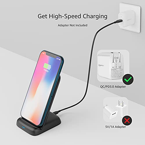 Amazon Basics 10W Qi Certified Wireless Charging Stand, for Phone 16/15/14/13/12/11/X, Samsung, and More, with USB Cable (No AC Adapter), Black