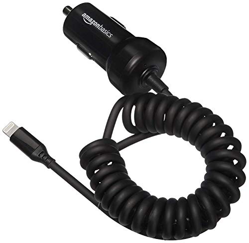 Amazon Basics 12W (5V, 2.4A) Fast Charging Car Charger with Coiled Lightning Cable for iPhone, iPad and Apple Devices, 1.5 ft - Black