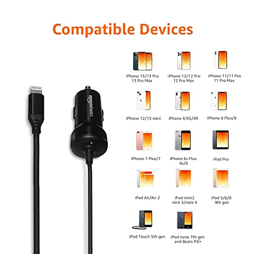 Amazon Basics 12W (5V, 2.4A) Fast Charging Car Charger with Coiled Lightning Cable for iPhone, iPad and Apple Devices, 1.5 ft - Black