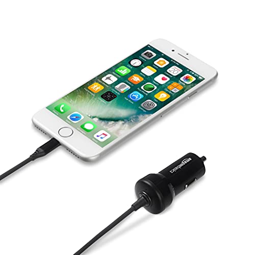 Amazon Basics 12W (5V, 2.4A) Fast Charging Car Charger with Coiled Lightning Cable for iPhone, iPad and Apple Devices, 1.5 ft - Black