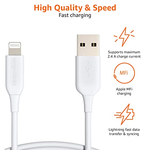 Amazon Basics 2-Pack Apple MFi Certified USB-A to Lightning Cable, High Speed Data Sync, Charger for iPhone 14 13 12 11 X Xs Pro, Pro Max, Plus, iPad, 3 Foot, White view 3