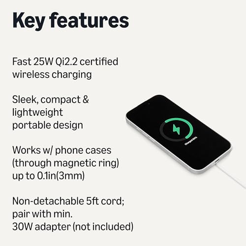 Amazon Basics 25W Qi2.2 Certified Wireless Charging Pad, MagSafe Compatible for iPhone 17/16/15/14/13/12, Magnetic Compatible for Android, Google Smartphones, White (Adapter Not Included) view 2