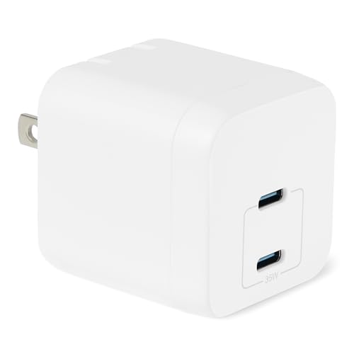Amazon Basics 35W Fast Charging USB-C Nano GaN Wall Charger, 2-Port for Phones, Tablets, Charge 2 Devices Simultaneously, White