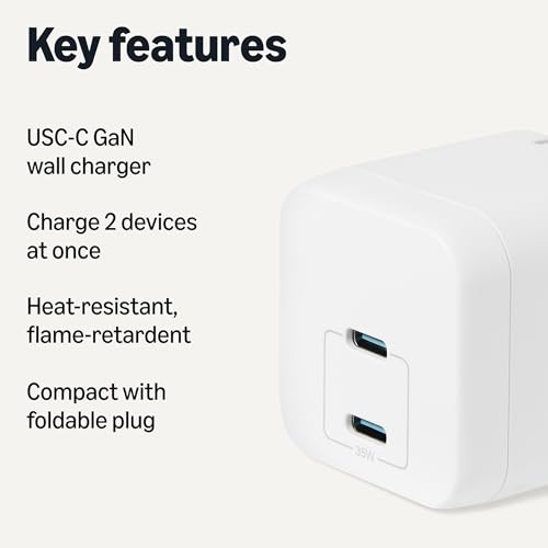 Amazon Basics 35W Fast Charging USB-C Nano GaN Wall Charger, 2-Port for Phones, Tablets, Charge 2 Devices Simultaneously, White view 2