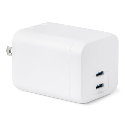 Amazon Basics 65W Fast Charging GaN USB-C Wall Charger, 2-Port for Laptops, Tablets, Phones, Compact Travel-Friendly Size, White