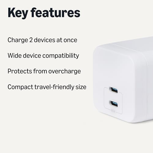 Amazon Basics 65W Fast Charging GaN USB-C Wall Charger, 2-Port for Laptops, Tablets, Phones, Compact Travel-Friendly Size, White view 2