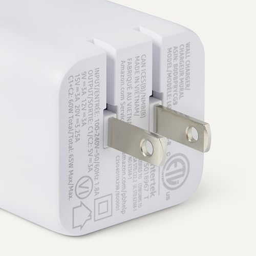 Amazon Basics 65W Fast Charging GaN USB-C Wall Charger, 2-Port for Laptops, Tablets, Phones, Compact Travel-Friendly Size, White view 3