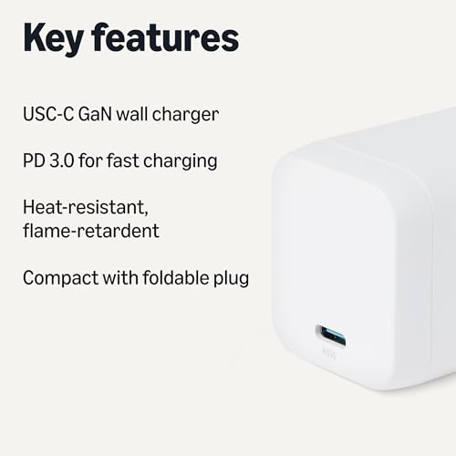 Amazon Basics 65W Fast Charging USB-C Nano GaN Wall Charger, 1-Port PD 3.1 for Laptops, Tablets, Phones, White view 2