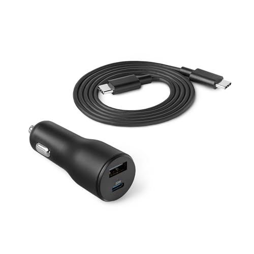 Amazon Basics Fast-Charging Car Charger, 1 USB-C (20W) + 1 USB-A (12W), 32W, with 3-Ft Cable, Black