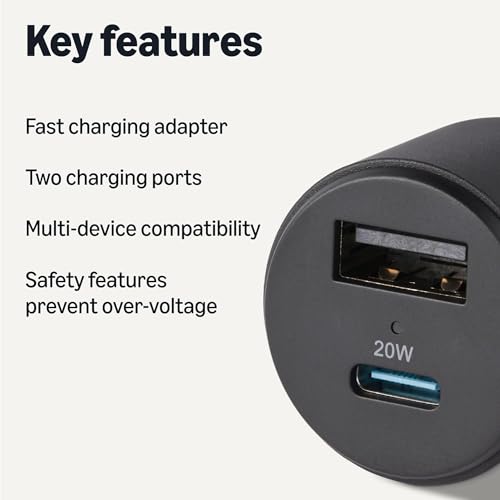 Amazon Basics Fast-Charging Car Charger, 1 USB-C (20W) + 1 USB-A (12W), 32W, with 3-Ft Cable, Black view 2