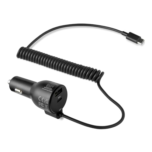 Amazon Basics Fast-Charging Car Charger, 60W, 1 USB-C Port (30W), 1 USB-A Port, 1 Built-in Coiled USB-C Cable (30W), Black