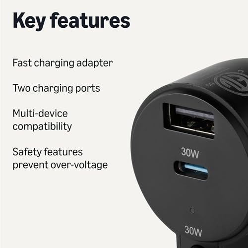 Amazon Basics Fast-Charging Car Charger, 60W, 1 USB-C Port (30W), 1 USB-A Port, 1 Built-in Coiled USB-C Cable (30W), Black view 2