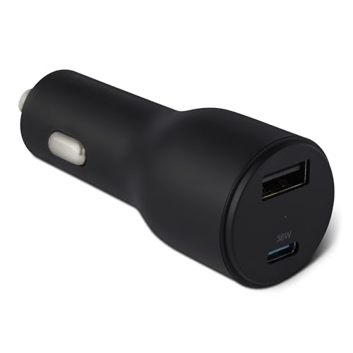 Amazon Basics Fast-Charging Car Charger, Dual-Port, 1 USB-C + 1 USB-A, 48W, Black