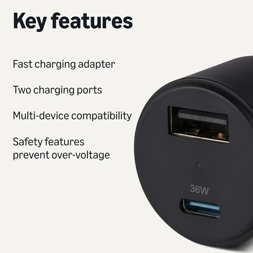 Amazon Basics Fast-Charging Car Charger, Dual-Port, 1 USB-C + 1 USB-A, 48W, Black view 2