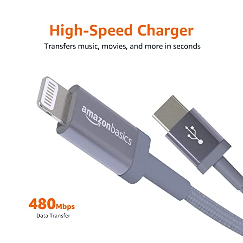 Amazon Basics Fast Charging USB-C to Lightning iPhone Charger Cable, Nylon Braided Cord, MFi Certified Compatible Charger for Apple iPhone 14 13 12 11 X Xs Pro, Pro Max, Plus, iPad, 6 feet, Dark Gray