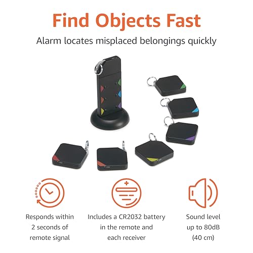 Amazon Basics Key Finder, Wallet, Pet, Phone, Item Locator - 6 Smart Trackers, 1 Remote, 100 ft (30 m) Range, up to 80dB alarm via RF signals. No phone, mobile app or WiFi required