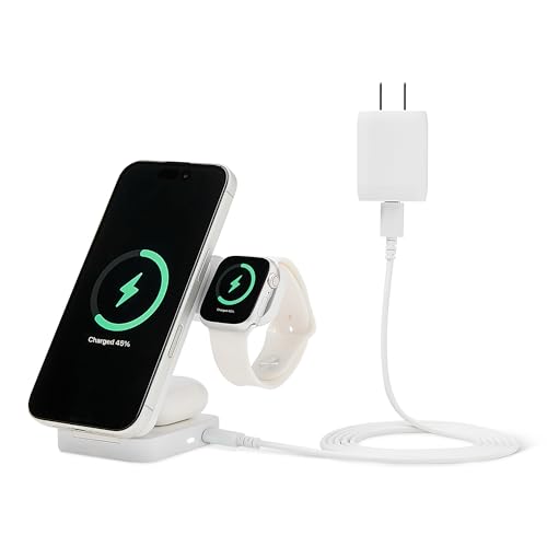 Amazon Basics MagSafe Compatible 25W Fast Charging Qi2.2 Certified 3-in-1 Wireless Charging Station, Foldable Stand for iPhone 17/16/15/14/13/12, Apple Watch, AirPods, with 45W Adapter, White