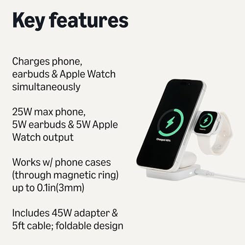 Amazon Basics MagSafe Compatible 25W Fast Charging Qi2.2 Certified 3-in-1 Wireless Charging Station, Foldable Stand for iPhone 17/16/15/14/13/12, Apple Watch, AirPods, with 45W Adapter, White view 2