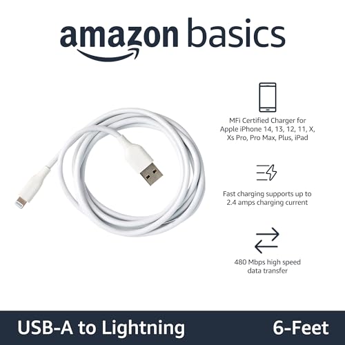 Amazon Basics USB-A to Lightning ABS Charger Cable, MFi Certified Charger for Apple iPhone 14 13 12 11 X Xs Pro, Pro Max, Plus, iPad, 6 Foot, White