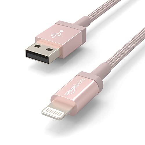 Amazon Basics USB-A to Lightning Cable, Apple MFi Certified, Nylon Braided Cord for iPhone 14 13 12 11 X Xs Pro, Pro Max, Plus, iPad, Data Sync, High Speed Transfer, 3 Foot, Rose Gold view 2