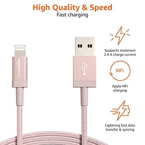 Amazon Basics USB-A to Lightning Cable, Apple MFi Certified, Nylon Braided Cord for iPhone 14 13 12 11 X Xs Pro, Pro Max, Plus, iPad, Data Sync, High Speed Transfer, 3 Foot, Rose Gold view 3