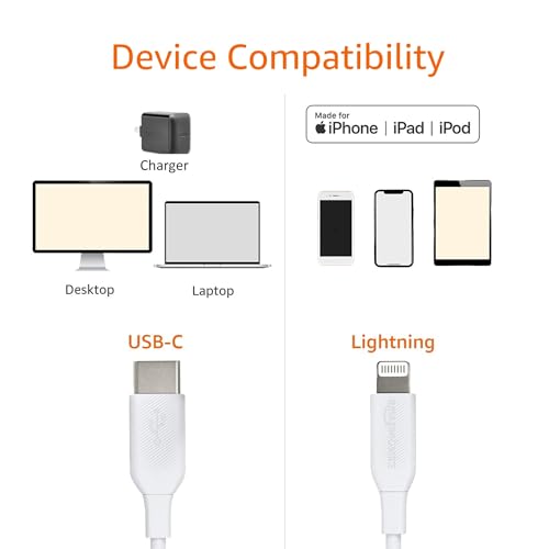 Amazon Basics USB-C to Lightning Charger Cable, Apple MFi Certified for iPhone 14 13 12 11 X Xs Pro, Pro Max, Plus, iPad, Fast Charging, High Speed Data Sync, 6 ft, White view 2