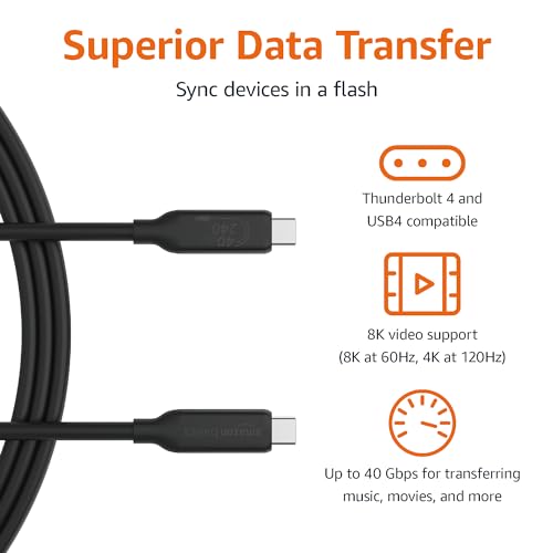 Amazon Basics USB-C to USB-C 4 Fast Charger Cable, 40 Gbps, 8K Video, 240W, USB-IF Cert, Thunderbolt 4/3 Compatible, for Apple iPhone 16/15, iPad, Samsung Galaxy, Tablets, Laptops, 3.3 foot, Black