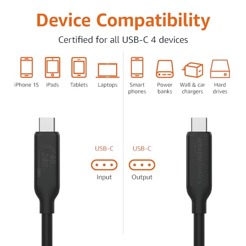 Amazon Basics USB-C to USB-C 4 Fast Charger Cable, 40 Gbps, 8K Video, 240W, USB-IF Cert, Thunderbolt 4/3 Compatible, for Apple iPhone 16/15, iPad, Samsung Galaxy, Tablets, Laptops, 3.3 foot, Black