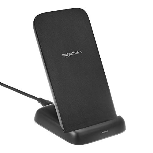 Amazon Basics Wireless Phone Charger Stand, 10W Qi Certified with USB Cable, Compatible with iPhone 16/15/14/13/12/11/X, Samsung & More, with USB Cable, Black (No AC Adapter)